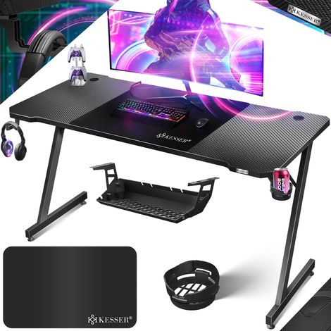 KESSER® Ultimativer Gaming Tisch Z-Frame Gaming Schreibtisch mit Getränkehalter Kopfhörer Haken Computertisch PC Tisch Ergonomischer Gamer Tisch 180 x 80 cm Schwarz Carbon