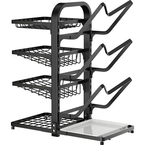 Vtizikl Support de rangement pour couvercles de casseroles, support de rangement multicouche pour bureau, support à spatules avec bac de vidange, noir