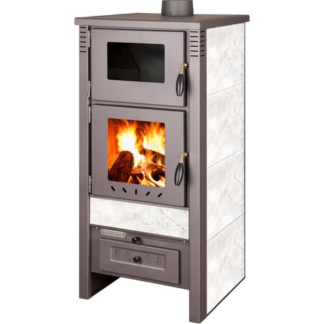 Poêle à bois 12.0 kW avec four – Revêtement métallique gris – Chambre de combustion avec pierres réfractaires – Bac à cendres amovible
