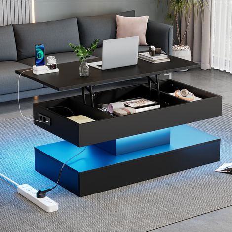 Table basse 100x50x42 cm noire avec LED, rangement caché, panneaux de particules, MEUBLIV (1/5)