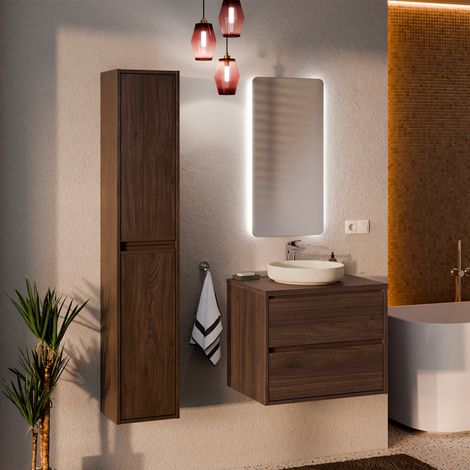 Conjunto mueble simple lavabo 60cm y columna Edmé Madera oscura (1/4)