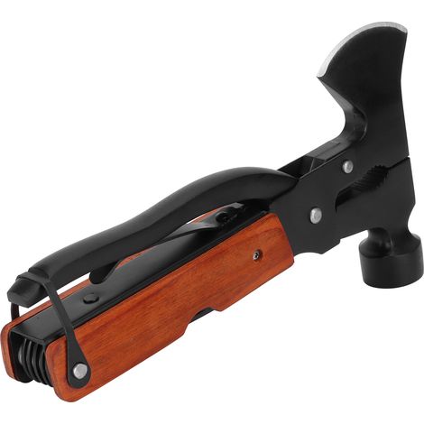 Hache-marteau multifonction 15 en 1 pour le camping et la survie : tournevis, pince, ouvre-bouteille (aspect bois) (1/5)