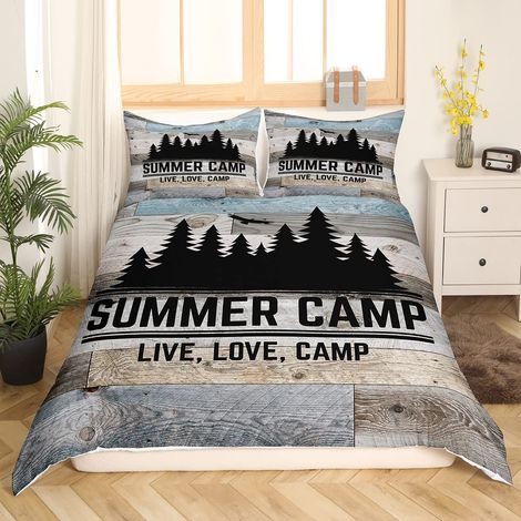 Parure de lit de camping pour adultes et garçons Happy Camping - Housse de couette rustique - 135 x 200 cm - Motif maison de ferme - Housse de couette ultra douce (1/5)