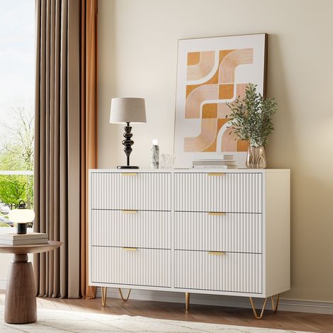 Comodino ondulato 100x34x73 cm, con 6 cassetti di stoccaggio, maniglie e piedi in metallo, mobile design moderno e compatto per sala, camera - Bianco