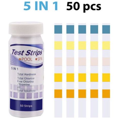 5-in-1 Teststreifen für Pools und Whirlpools – Analysiert pH-Wert, Chlor, Alkalität und Härte – 50 Aluminium-Teststreifen (1/5)