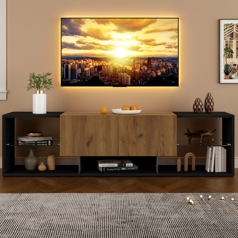 Meuble console TV 3 niveaux jusqu’à 70",centre de divertissement noir plateau verre et 2 tiroirs,adapté salon et chambre. (1/5)