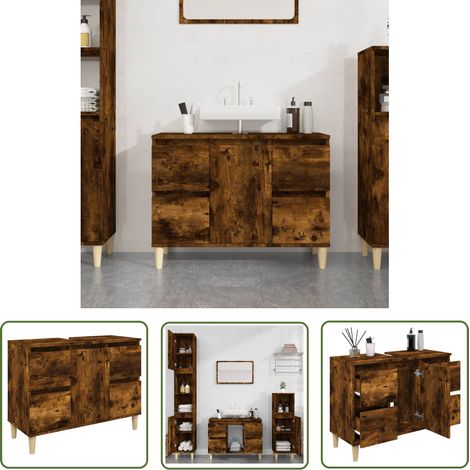 The Living Store Waschbeckenunterschrank Räuchereiche 80x33x60 cm Holzwerkstoff - Waschbeckenunterschrank - Badezimmermöbel - Holzmöbel - Spiegelschrank - Handtuchhalter (1/5)