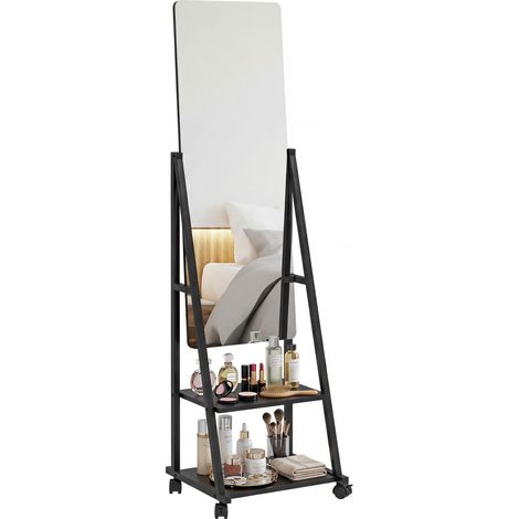 Black Metal Floor Mirror on Castors with Shelves (1/5)