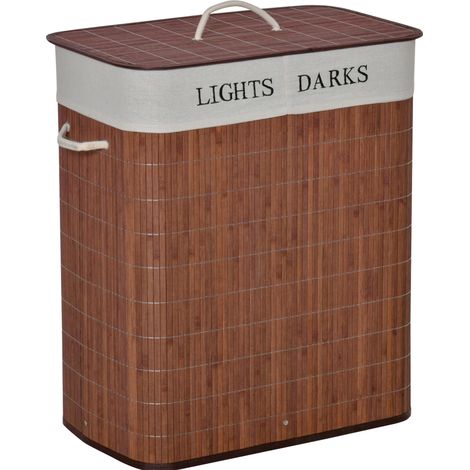 Cesto portabiancheria 100 L in bambù con coperchio e 3 maniglie 52 x 32 x 63 cm marrone e bianco (1/5)