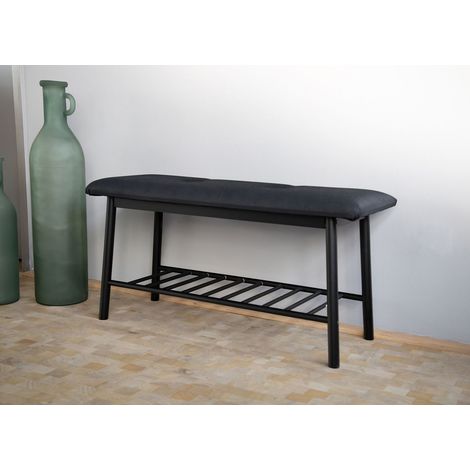2 Stück Schuhbank aus Bambus 90x34x45cm mit Kissen Sitzbank Bänke schwarz mit Ablage (1/5)