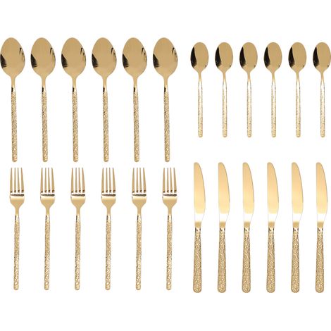 Ensemble de couverts pour 6 personnes en acier inoxydable, ustensiles, couverts, fourchette, cuillère, vaisselle, passe au lave-vaisselle, restaurant, fête de mariage, motif pierre doré