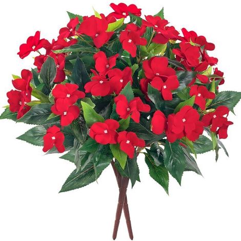 Bouquet d'Impatiens artificiels à 7 tiges pour terrasse, pelouse, jardin, décoration de mariage, accessoires de photographie (2 pièces) Rouge (1/5)