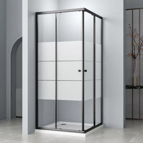 Schwarz Duschkabine 90x90cm Milchglas Eckeinstieg mit Doppel Schiebetüren Duschabtrennung Duschschiebetür 6mm ESG Glas, LINKS & RECHTS MONTIERBAR, Höhe 185cm (1/4)