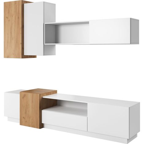 Parete Attrezzata Modulare per Soggiorno, Bianco / Rovere Craft Oro, 220 x 45 x 180 cm (1/5)