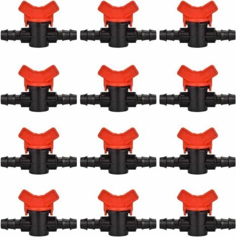 12 PCS Robinet de jardin pour tuyau, Tuyau Vanne d'irrigation 16 16mm Robinet d'arrêt raccord en Plastique pour le contrôle extérieur de la vanne d'eau de jardin (noir + rouge)