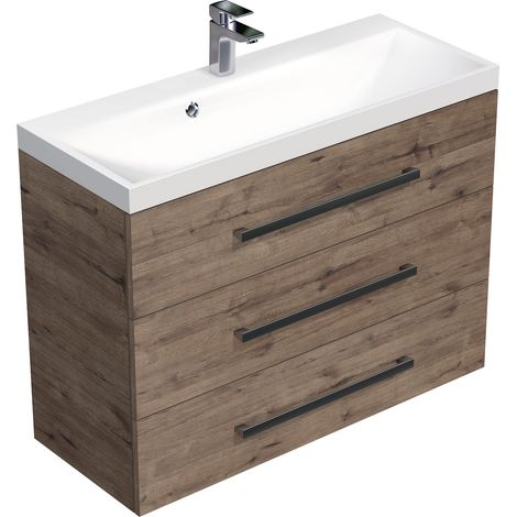 Naturel – Meuble sous vasque simple 100x76,5x40 cm – CUBE21003DW – Chêne Wellington – Lavabo en marbre moulé – 3 tiroirs extensibles