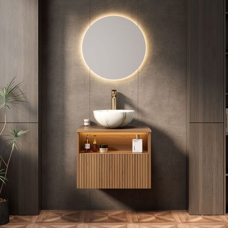 Mobile lavabo sospeso 60 cm stile naturale, lavabo in ceramica bianco pietra, 1 cassetto e ripiano, rovere marrone