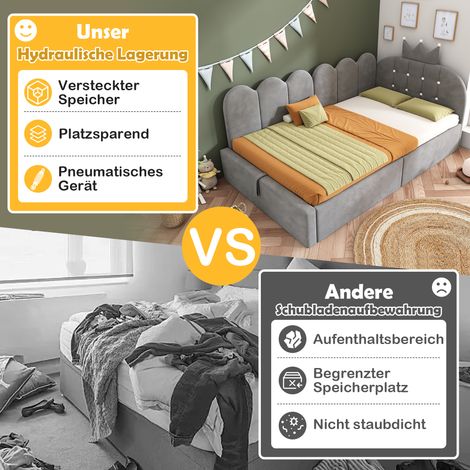 Lit Daybed 90x190 cm, Canapé-lit d'appoint avec coffre hydraulique, banquette d'invités en forme de L, velours gris à motif couronnes, sans matelas (1/5)
