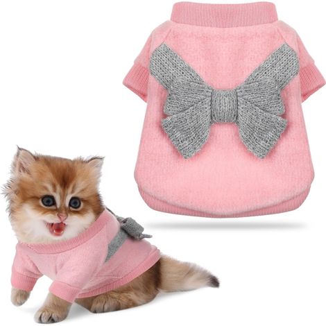 Vêtement Chaud en Pull pour Chiot et Chaton Sweat-shirt d'Hiver en Molleton Rose avec Grand Nœud Papillon Gris pour Petit Chien et Chat (1/5)