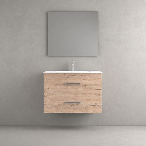 Meuble de salle de bain suspendu 80 cm TEIDE 2 tiroirs avec lavabo en résine et miroir - Nature