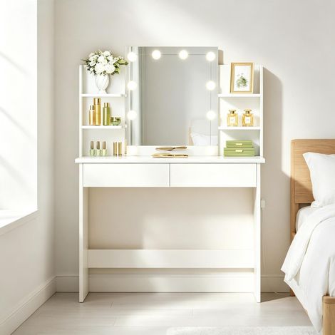 Tocador in legno massiccio bianco con specchio LED e 2 cassetti (1/5)