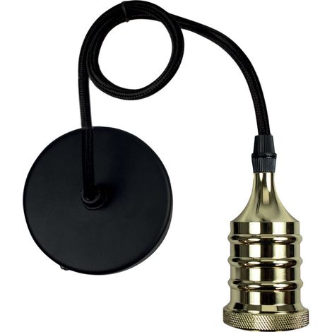 Monture suspension luminaire métal doré, câble tissu noir, équipée d'une douille métal doré E27, 60W maxi - Tibelec (1/3)