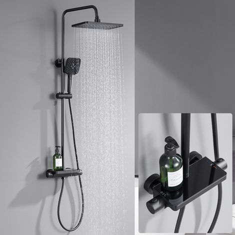 Système de douche thermostatique, douche à effet pluie en acier inoxydable avec douchette 3 fonctions, pommeau de douche et étagère pour salle de bain, noir (1/5)