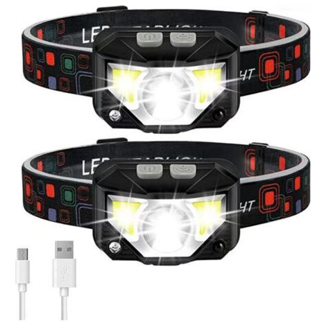 Pair Lntyq Lot de 2 lampes frontales LED ultra puissantes, rechargeables par USB, avec capteur de mouvement, légères et étanches, 14 modes pour la course, le camping et la pêche (1/5)