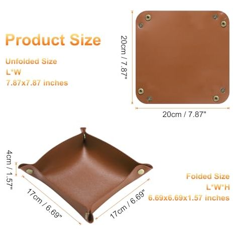 Vide-poches unisexe pliable en similicuir, petit plateau de rangement portable à poser sur une table de chevet ou un bureau pour clés, portefeuille, montre, pièces de monnaie, bijoux, dés, marron (1/4)