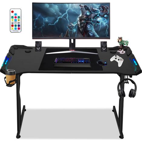 Randaco Gaming-Tisch Schreibtisch mit Kopfhörerhaken und Mauspad 120x60cm Ergonomischer PC Tisch mit Kabelloch, Z-förmige (met LED+Fernbedienung)