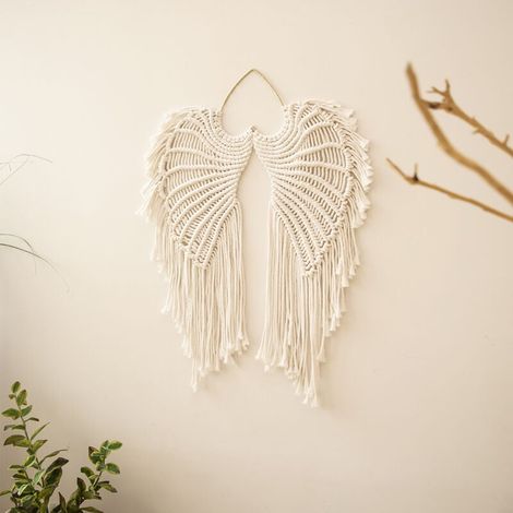 Makramee-Wandbehang mit Engelsflügeln, Dekoration im Bohème-Stil, handgefertigt, aus gewebter Baumwolle, mit langen Quasten für Schlafzimmer, Wohnzimmer und Studentenwohnheim. (1/4)