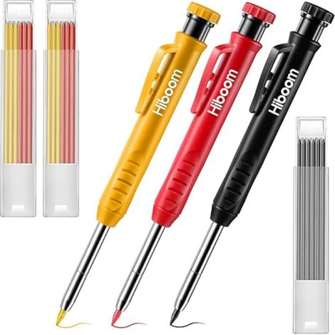 Hiboom 3 Paquets Crayons de Charpentier avec 21 Recharges et Taille-Crayon Intégré, Marqueurs à Crayon Mécaniques à Long Nez et Trou Profond, Brevet de Conception (Couverture Jaune, Rouge, Noire)