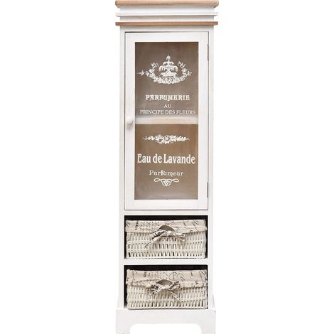 Mobili Rebecca – Meuble de rangement 2 paniers 1 porte – Bois de paulownia blanc shabby – Dimensions H 102 cm x L 32 cm x P 27 cm – Style vintage (1/5)
