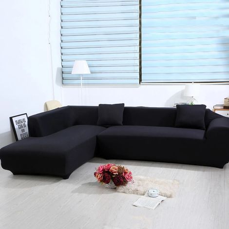 Housse de canapé extensible noire en deux parties pour trois places - Housse de canapé extensible noire en deux parties pour trois places (1/5)