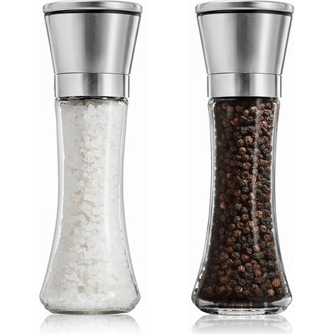 Moulin à sel et poivre en acier inoxydable, lot de 2, 190 ml, moulin à épices, vide, boîtier en verre, mécanisme de broyage en céramique, convient pour le sel, le poivre et les épices, compatible lave