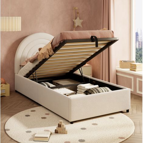 Lit coffre 90 x 200 cm enfant en bouclé en tissu beige avec grand rangement et tête de lit confortable (1/5)