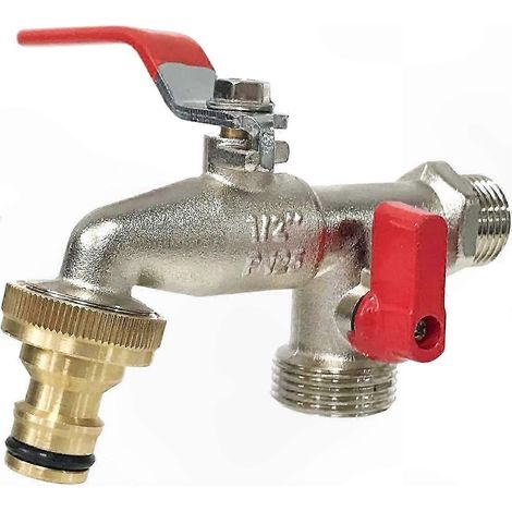 Robinet de jardin double sortie 1/2" 3/4", idéal pour arrosage programmé sur terrasse et balcon, finition argentée résistante, raccord universel (1/5)