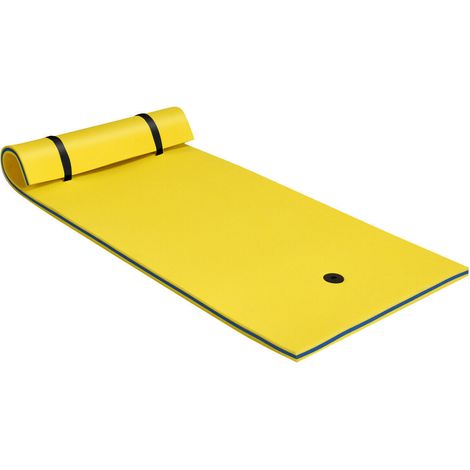 Matelas flottant jaune en mousse XPE 3 couches avec coussin roulé et cordon d'ancrage, pliable pour piscine, lac et plage (1/5)