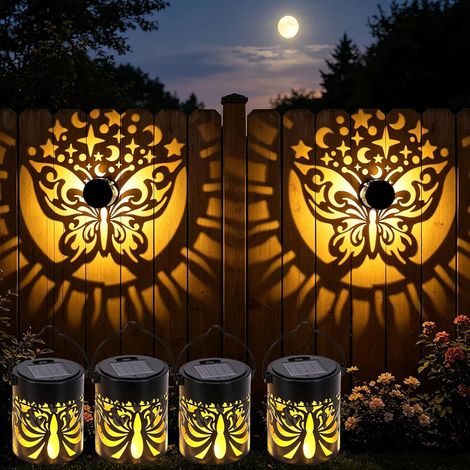 Lot de 4 lampes solaires murales – Projecteur décoratif, IP65 étanche – Métal, motif papillon – Idéal pour pelouse, jardin et clôture – Lumière chaude (1/5)