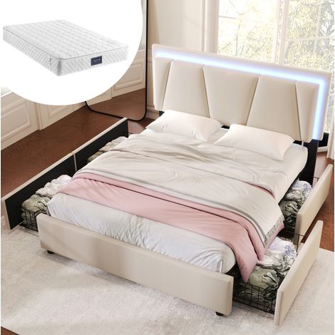 letto contenitore 160x200 con LED materasso beige OKMYHOME (1/5)