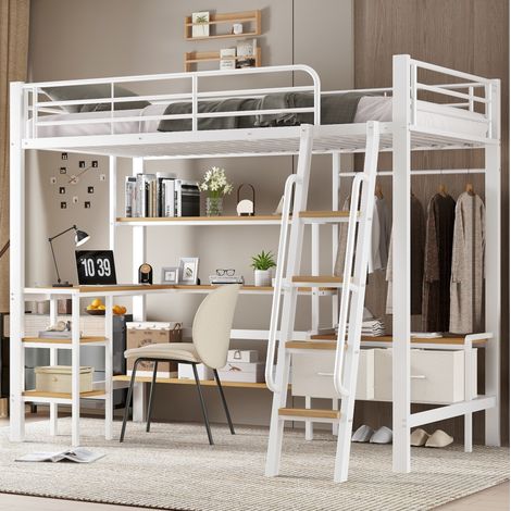 MEUBLIV Hochbett 90x200 cm Weiß + Natur – mit Schreibtisch und Stauraum, ohne Matratze (1/5)