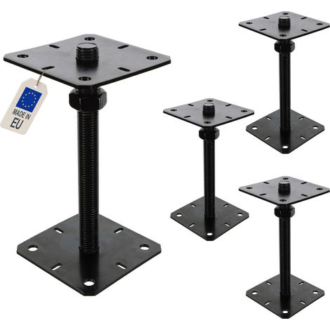 4 embases pied de poteau carrée réglable par vis - Platine 130x130mm - M24 - Acier galvanisé Noir - Fabrication Europe