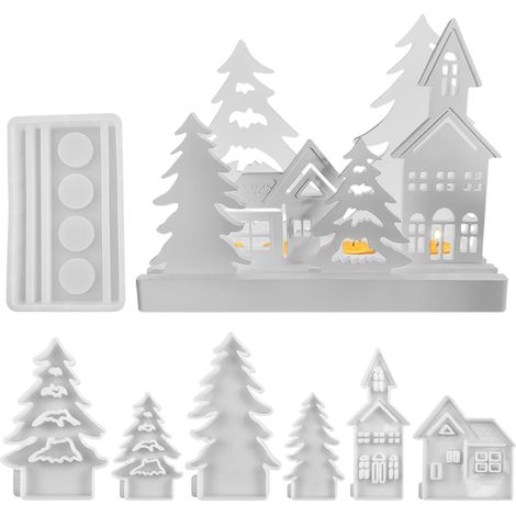 Stampi in silicone, stampi per colata, case, 7 pezzi: stampo in silicone per albero, stampo in silicone per casa con base, stampo in silicone per portacandele, stampo in gesso per colata, stampo per a