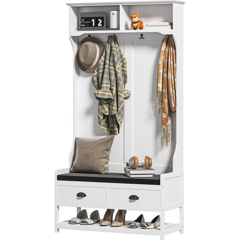Porte-manteau avec crochets armoire banc à chaussures métal MDF blanc gris 70x40x180 cm