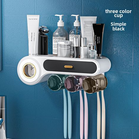 Porte-brosses à dents mural noir sans perçage, pour trois personnes, avec presse-tube de dentifrice et gobelet pour gargarisme, rangement multifonctionnel pour salle de bain (1/5)