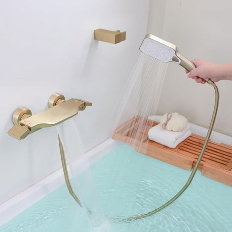 Waterfall Bath Faucet, Bath Mixer Tap with Shower, Wall Mounted Bath Shower Mixer Tap, Brass, Brushed Gold, 14Y4OK (1/4)