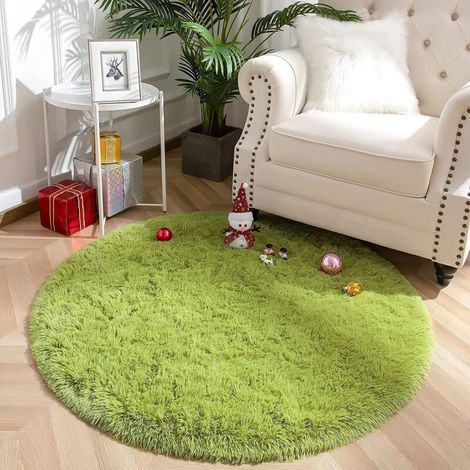 Tapis rond de salon à poils longs pour chambre à coucher, salon, salle à manger, lavable, antidérapant, pour intérieur (vert, 120 x 120 cm)