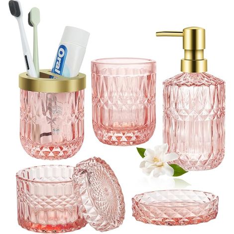 Lot de 5 Accessoires de Salle de Bain en Verre Rose avec Distributeur de Savon, Porte-Savon, Porte-Brosse à Dents, bidon de Cotons-tiges, gobelet, kit de décoration de Salle de Bain (1/5)