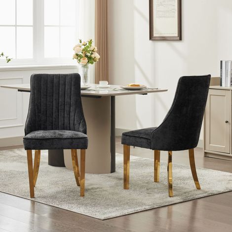 Set de 2 sillas de comedor en chenilla negra con patas de acero inoxidable dorado y respaldo alto,65×50×95cm (1/5)