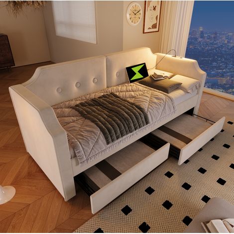 Tagesbett 90x200 cm Beige aus Samt mit USB-Type-C, Leselampe und 2 Schubladen (1/5)